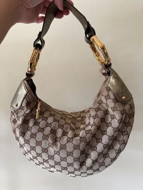 Gucci Brown GG Canvas Hobo with Gold Bamboo Hardware